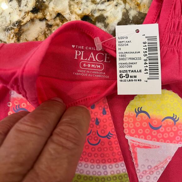 NWT Children's Place Pink W/Sequin Ice Cream Tank & Shorts Outfit - Size 6-9 M - Picture 6 of 9